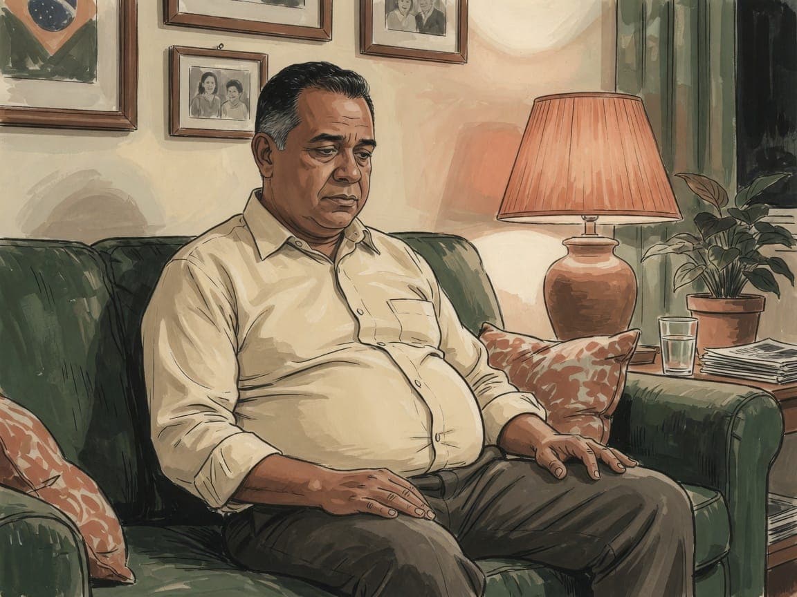 Ilustração: homem na casa dos 50, no sofá, o corpo pesando